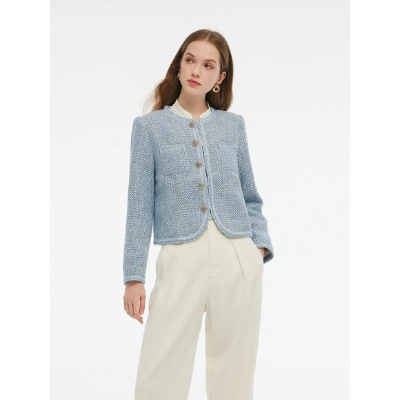 Goelia Tweed Round Neck Jacket Blue White Jacquard - Picture 4 of 13